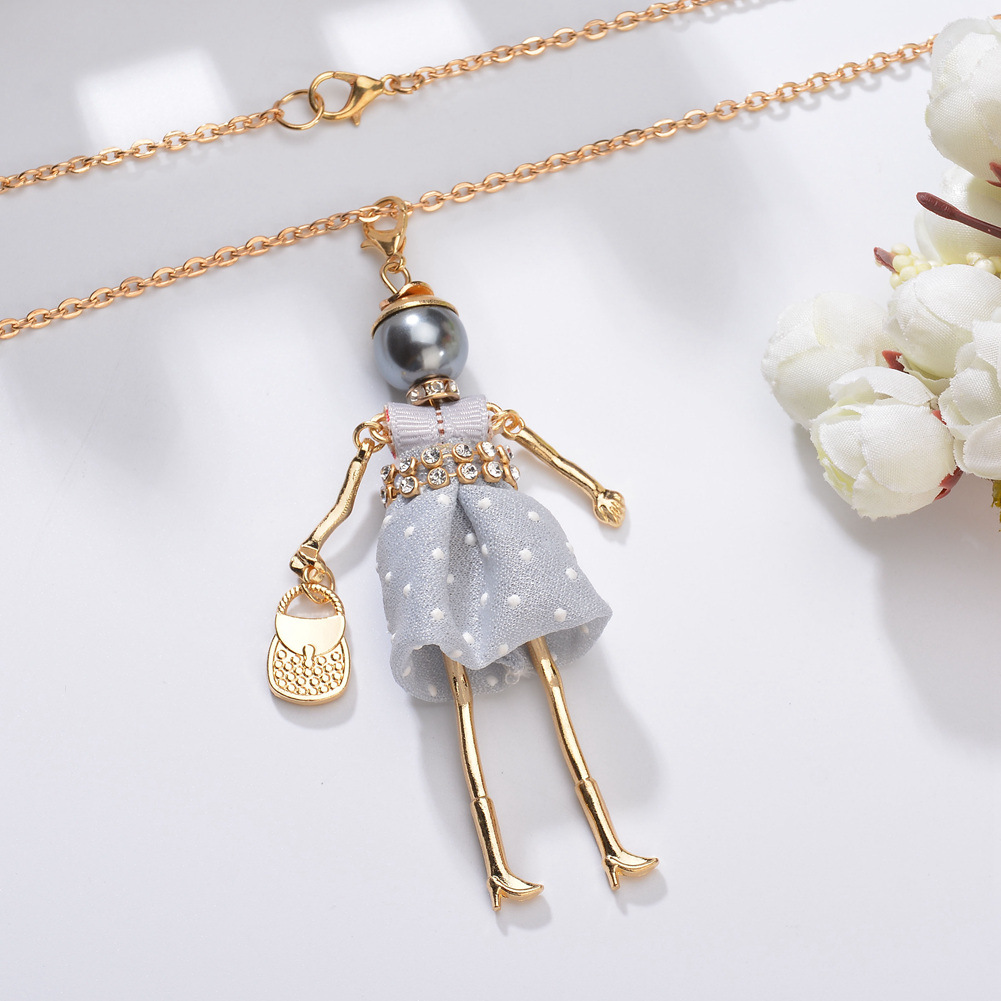 欧美精美潮流时尚配饰特色创意白点蓬蓬裙珍珠娃娃吊坠百搭毛衣链