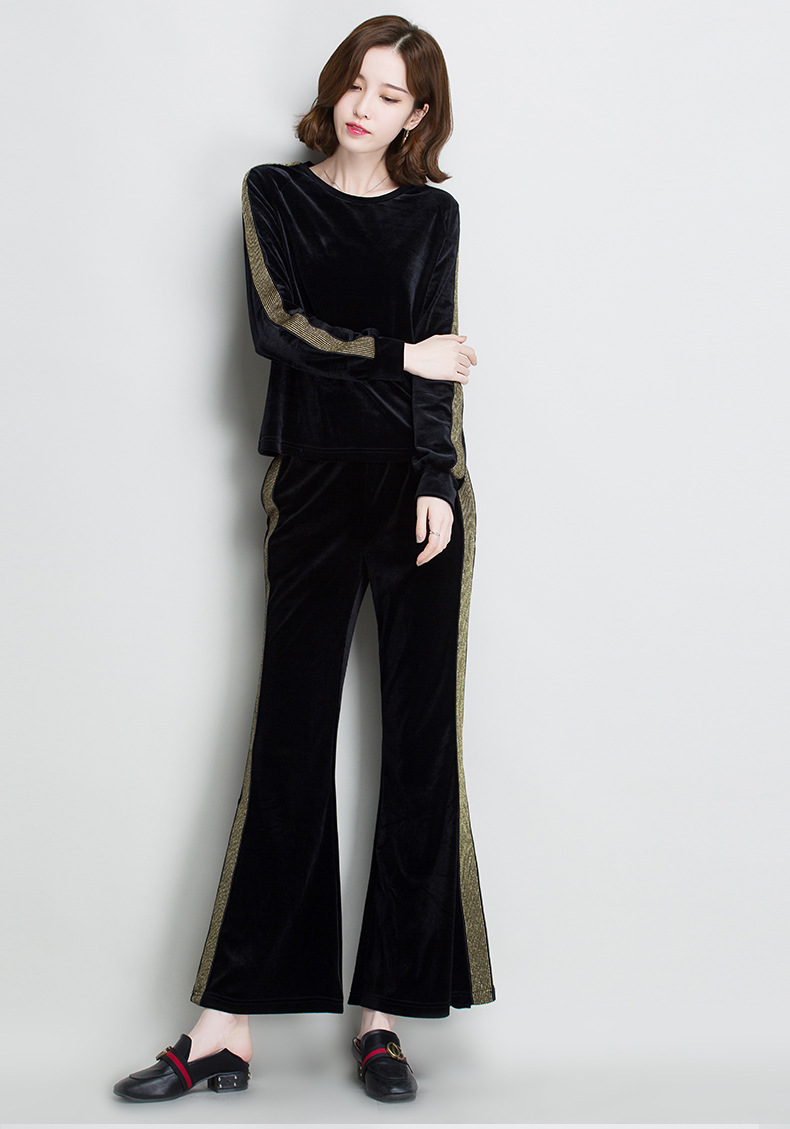 2018春季新款韩版条纹金丝绒套装圆领长袖卫衣 开叉直筒裤两件套