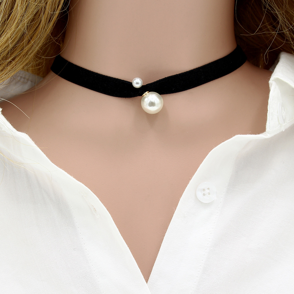 韩版绒布大小珍珠项链 时尚短款锁骨链 复古choker颈链项圈饰品