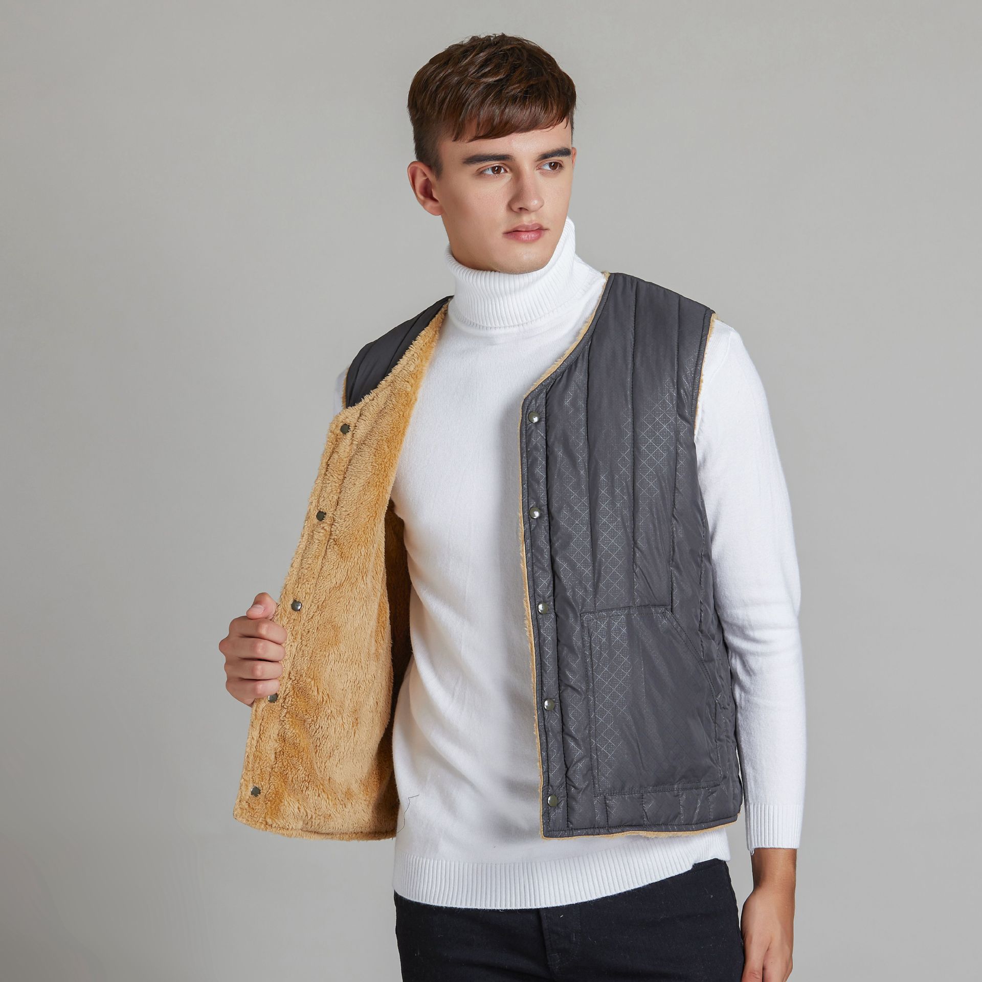 批发男士棉马甲羊羔绒长毛保暖马甲秋冬男款保暖内胆马甲背心8671