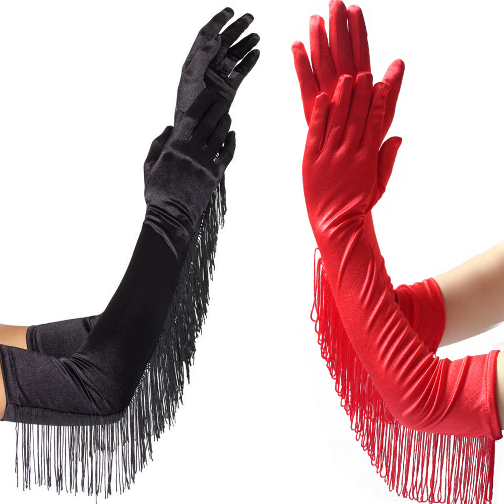 New Tassel Long Satin Gloves Latin Dance Gloves for Performance Satin Tassel Bridal Gloves Performance