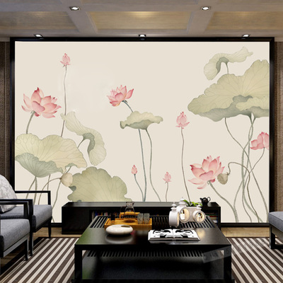 3d手绘新中式工笔荷花电视背景墙壁画无缝墙纸壁纸壁画背景墙壁画