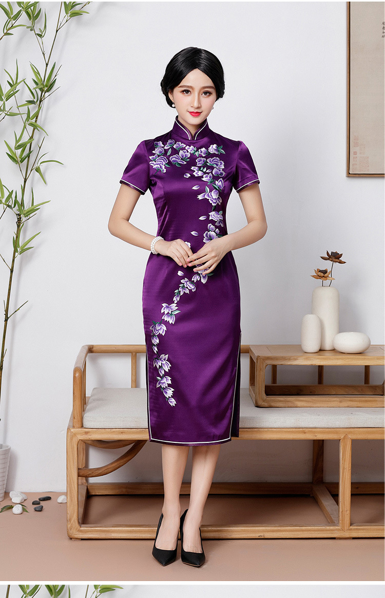 倾城粉黛高端定制新款改良时尚真丝中长款旗袍裙日常复古女士修