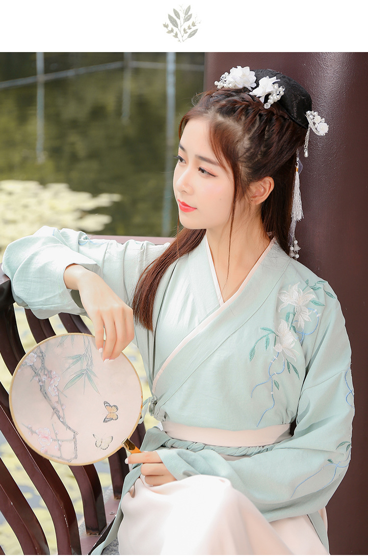 改良汉服女中国风少女学生日常齐腰交领襦裙清新淡雅传统绣花古装