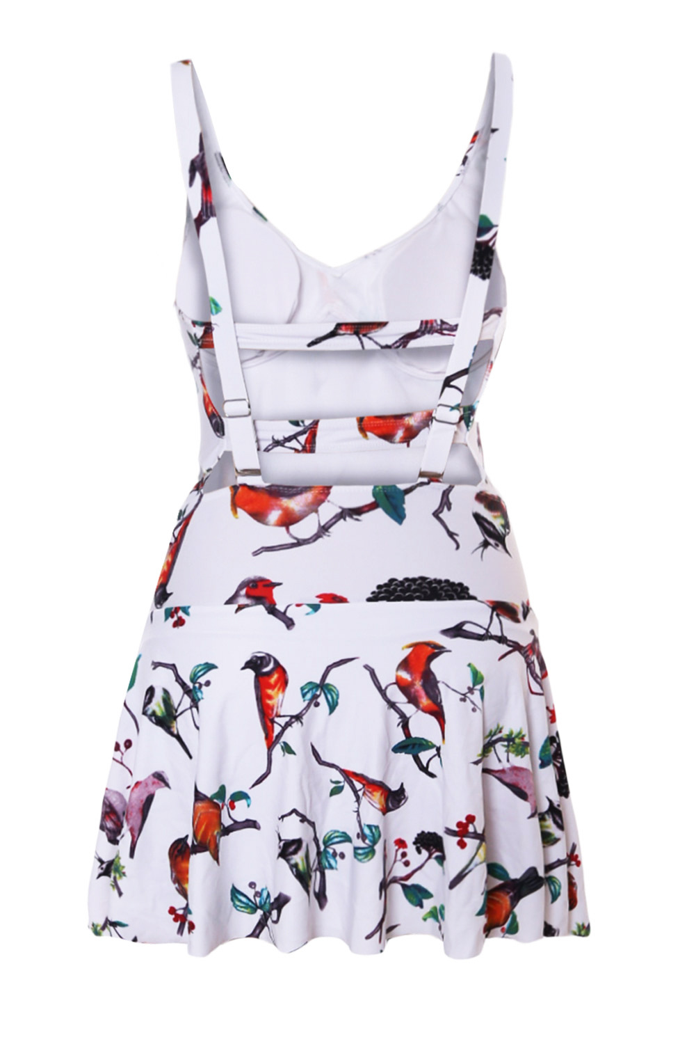 时颖亚马逊款欧美小鸟图案印花井字背带裙式带胸垫连体泳衣410303