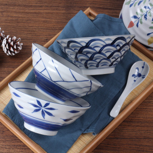 日式斗笠碗喇叭米饭碗高脚手绘5寸和风复古家用汤餐具青花瓷面碗