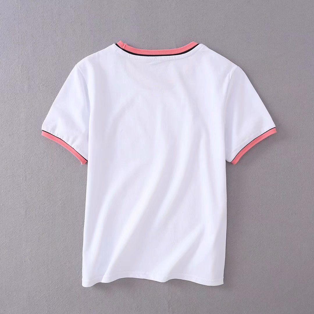 一件发2018夏新款圆领显瘦简约百搭短袖t恤女装拼色修身半袖体恤