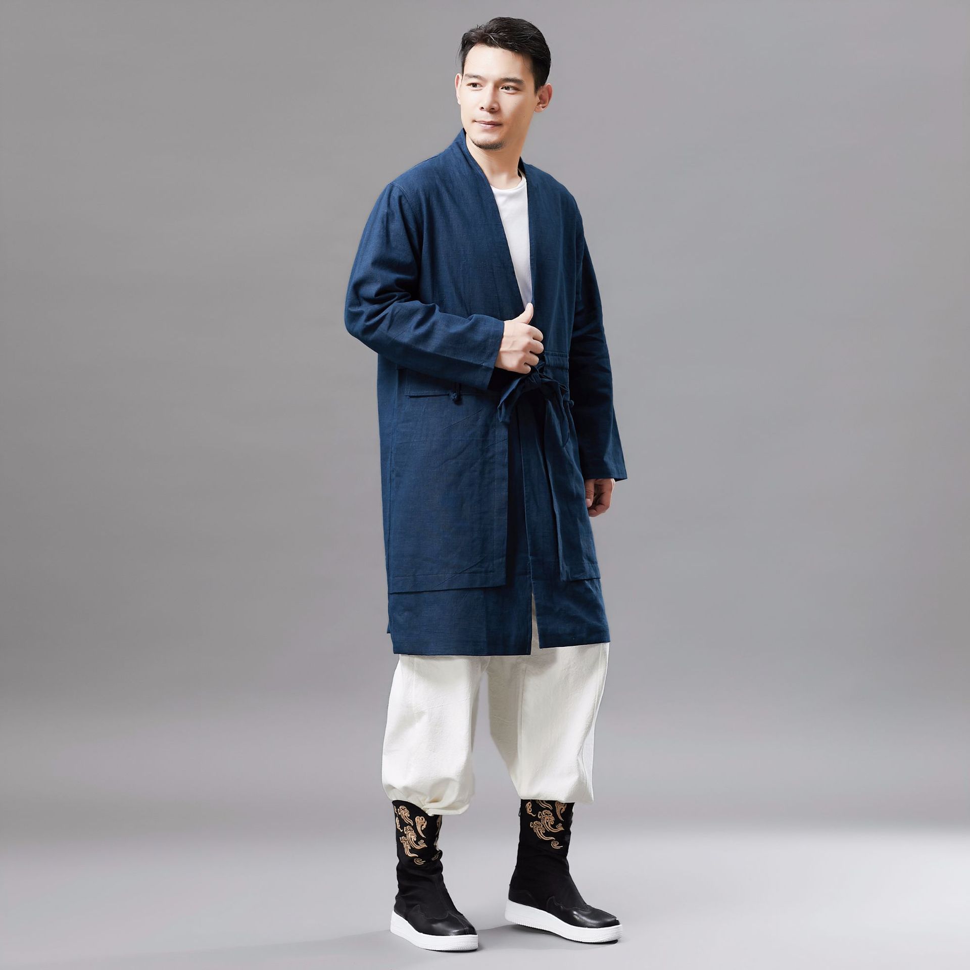 2021秋季新款 男款腰带衣 复古中国风上衣v领盘扣时尚民族服装