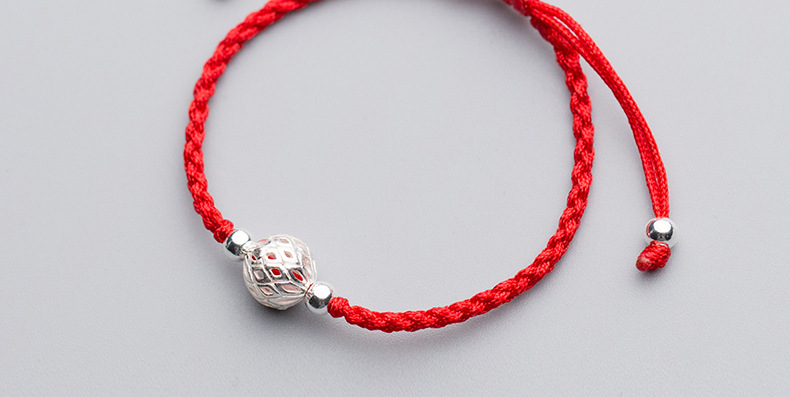 s925银镂空球银珠四股瓣编织红绳手链 diy手工饰品手链批发c0154