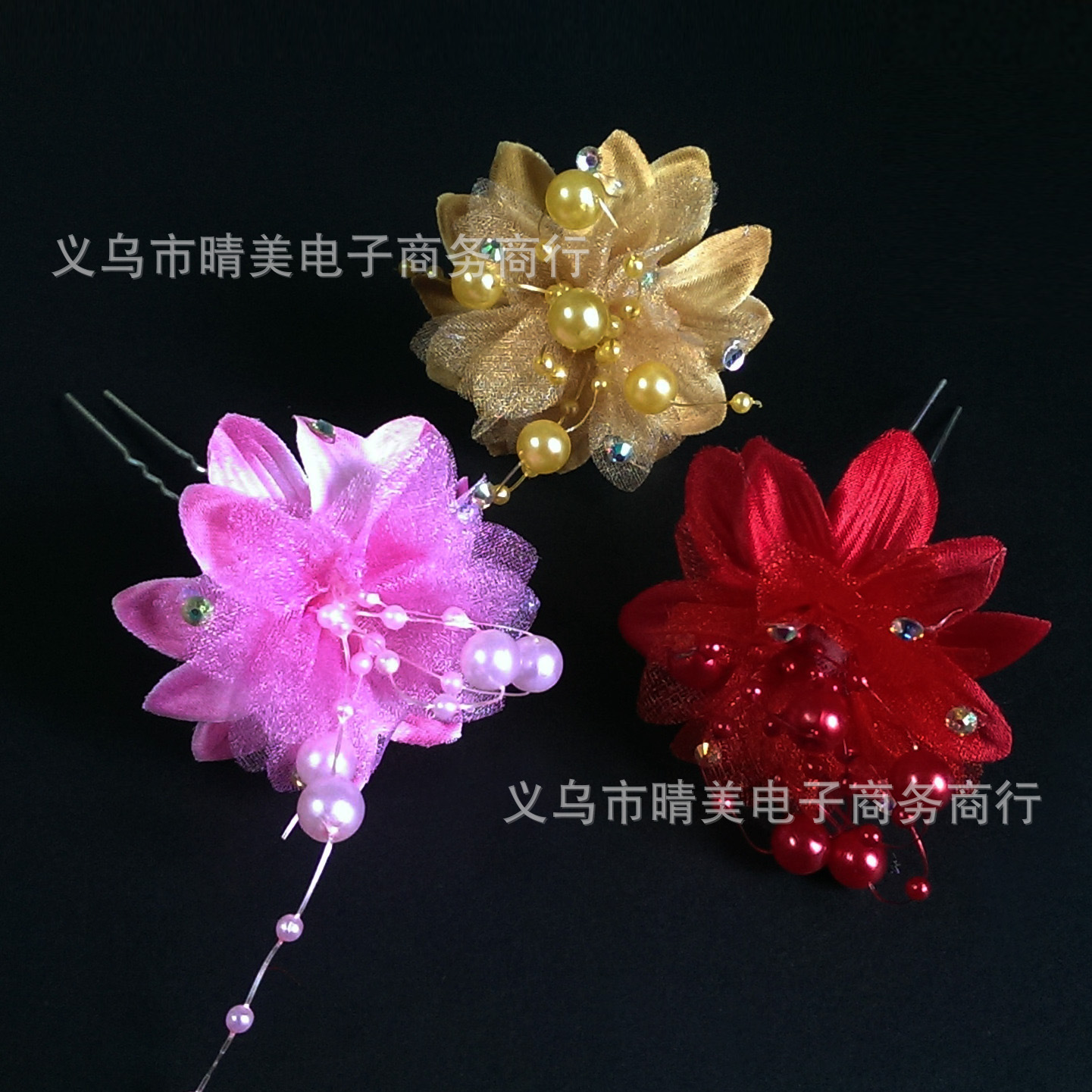 新款布花发叉欧美新娘u型盘发夹点钻花朵拍照插针头饰布花发夹