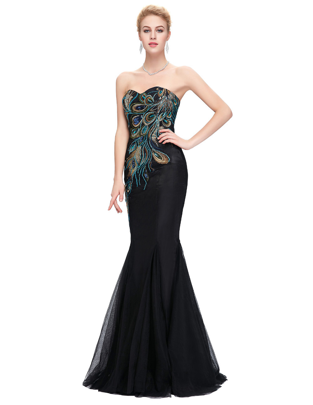 礼服2018年新长蓝色美人鱼礼服露肩礼服孔雀特别的情人