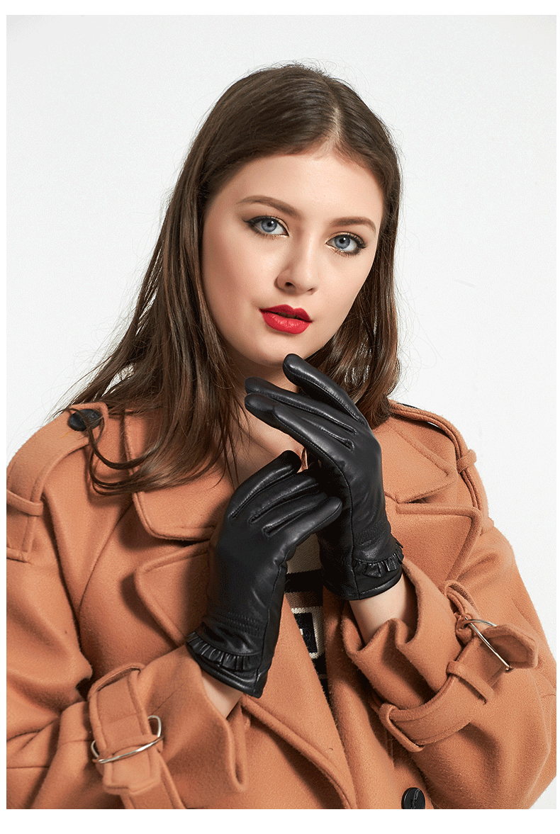 厂家直销批发女士真皮手套绵羊皮裙边褶皱荷叶边装饰皮革手套加工