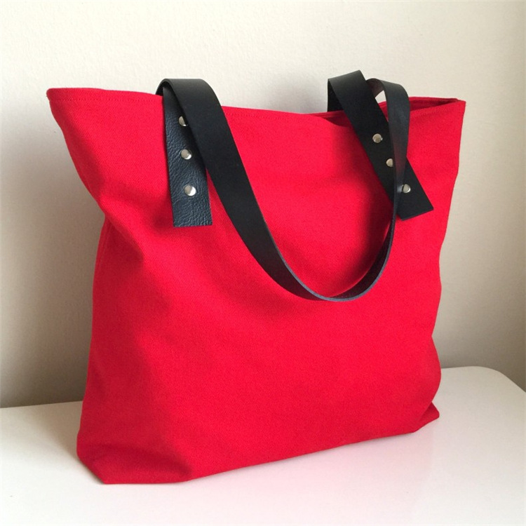 大红色帆布袋 皮革手提单肩包 棉布环保购物袋 可定做logo