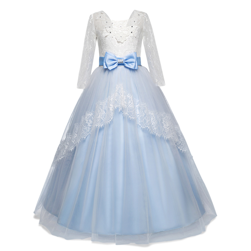 公主裙女童婚纱花童礼服长款儿童礼服白色长袖连衣裙生日表演