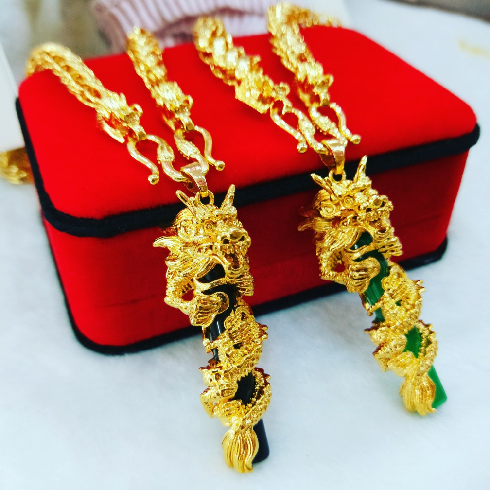 时尚沙金款龙头泰国链配龙柱吊坠绿黑玛瑙男 黄铜镀金首饰批发