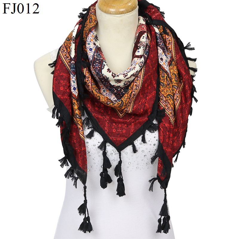 European and American Autumn and Winter New Pure Cotton Large Kerchief Tassel Thickening Print Scarf Ethnic Style Retro Cross-Border Warm Shawl