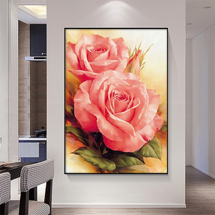 满钻钻石画外贸新款花卉砖石秀客厅家居装饰画粉色玫瑰贴钻十字绣