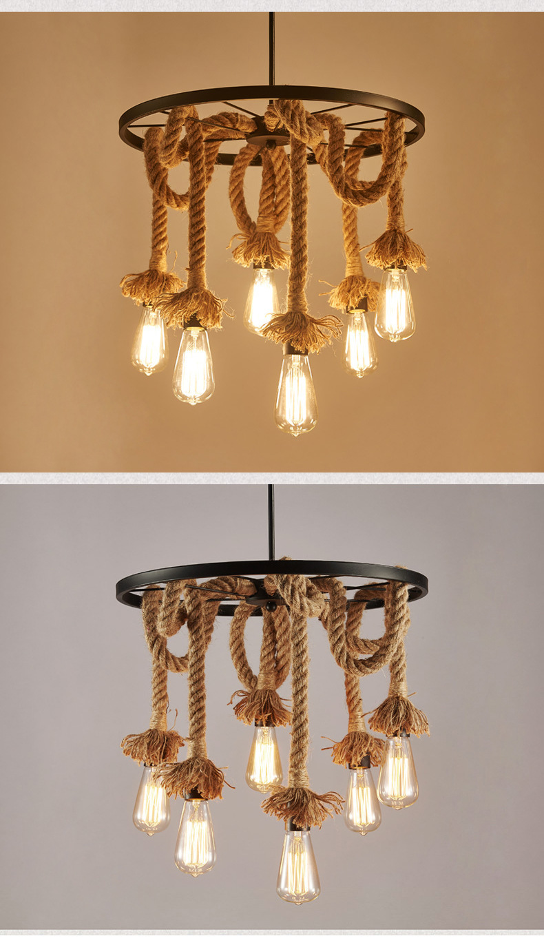 跨境复古吊灯客厅灯个性卧室创意编织麻绳吊灯车轮铁艺灯具批发