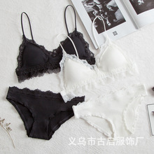 清仓 罗纹棉小清新无钢圈文胸套装舒适蕾丝三角杯内衣女bralette