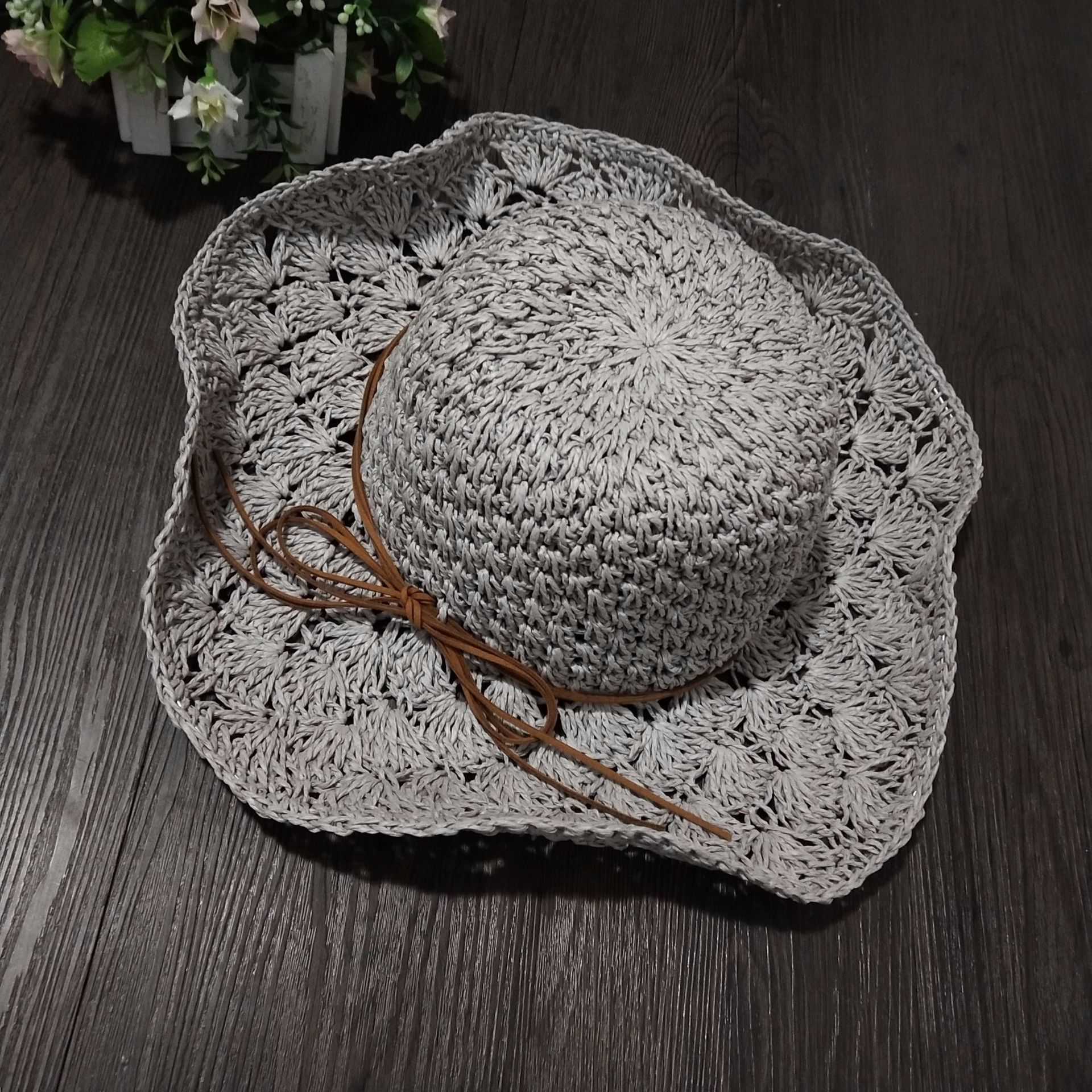 厂家直销韩版儿童女士纸绳太阳帽 手工钩针草帽