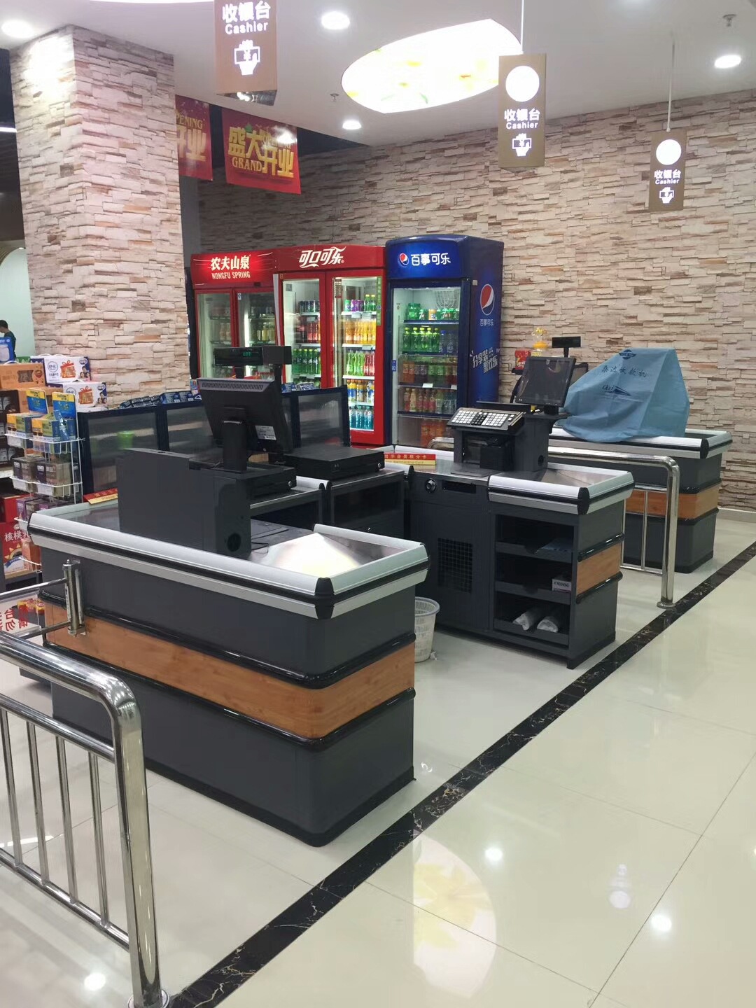 超市水果店粮油店便利店木纹收银台收款台不锈钢台面铝合金包边