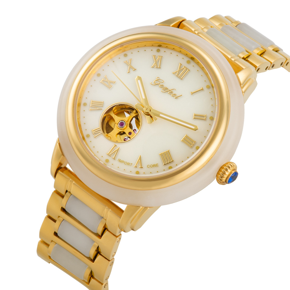 厂家直销和田玉手表钢间玉镂空全自动机械情侣手表一件代发