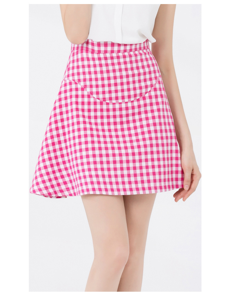 一件代发2018夏装新款高腰修身红白格子短裙拼接学生少女a字裙