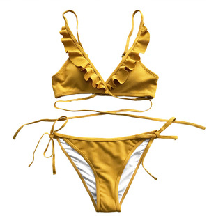 欧美外贸爆款女士分体比基尼2019速卖通黄色花边性感bikini泳衣