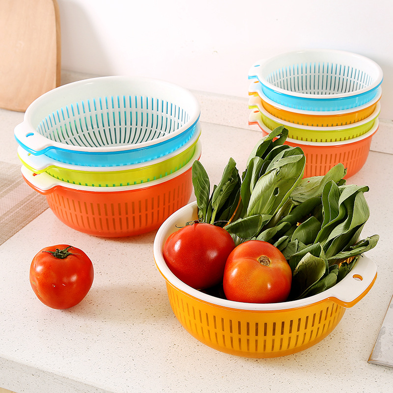 双层塑料沥水篮客厅洗水果篮菜篮 厨房带盖果蔬篮子双层沥水篮
