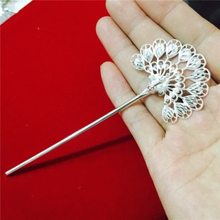 99纯银女生发簪百搭时尚孔雀开屏足银发钗簪子盘发发饰头饰送礼物