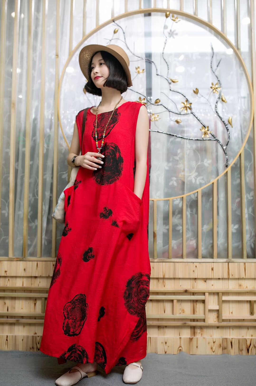 2018女装新款夏装复古民族风几何印花无袖连衣裙批发宽松大码长袍