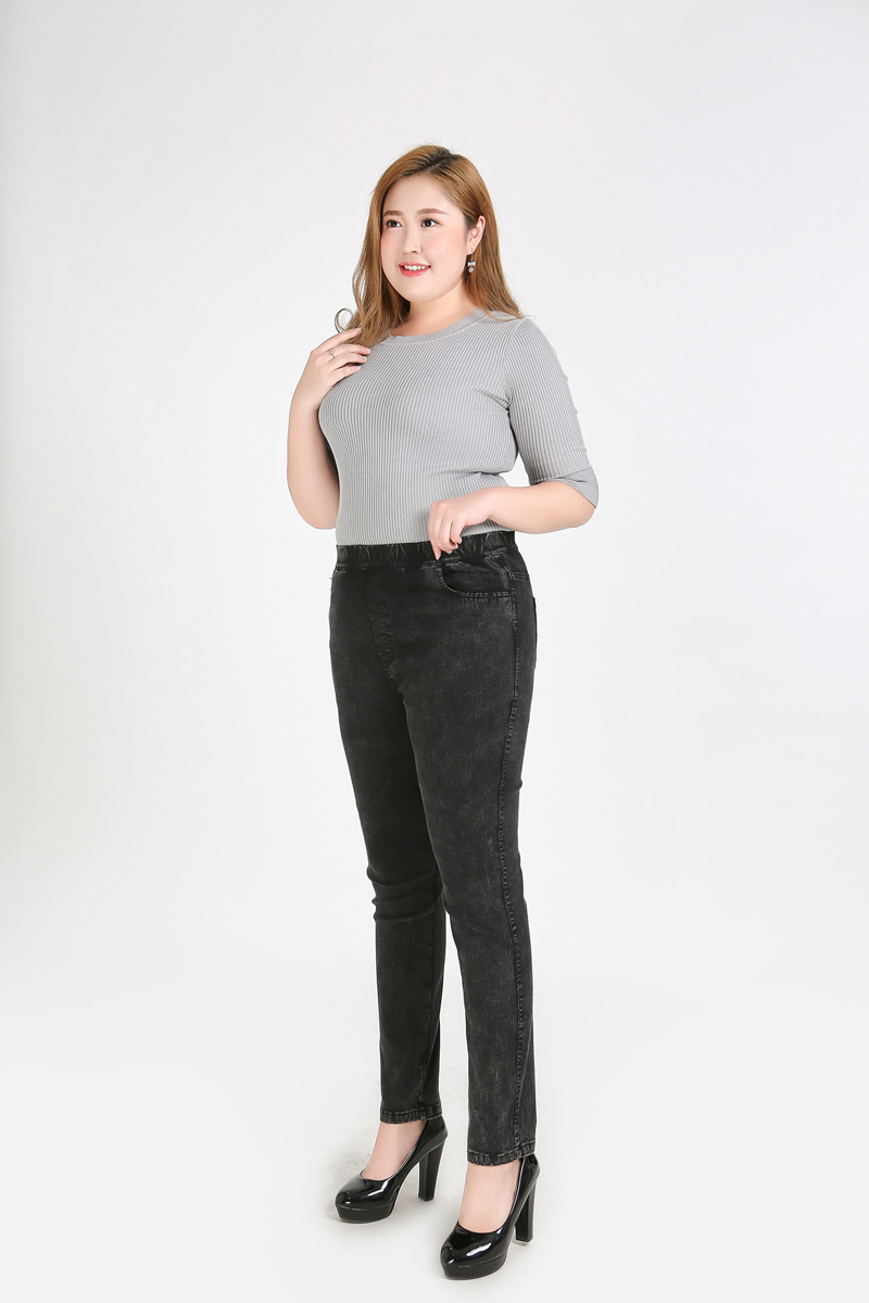 300斤加大码女裤胖mm牛仔裤加肥加大号弹力小脚裤特大码长裤高腰
