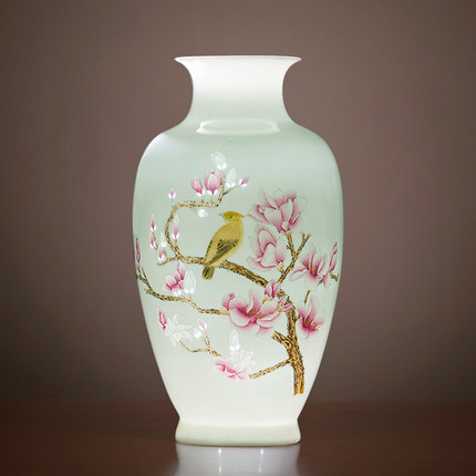 景德镇粉彩黄鹂石榴陶瓷器手绘半刀泥花瓶家居玄关装饰品摆件