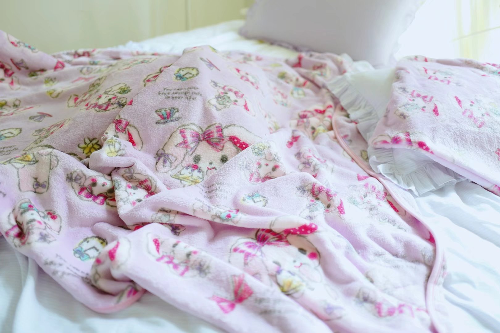 bonbonribbon 兔珊瑚绒毛毯法兰绒沙发盖毯礼物毛毯枕套