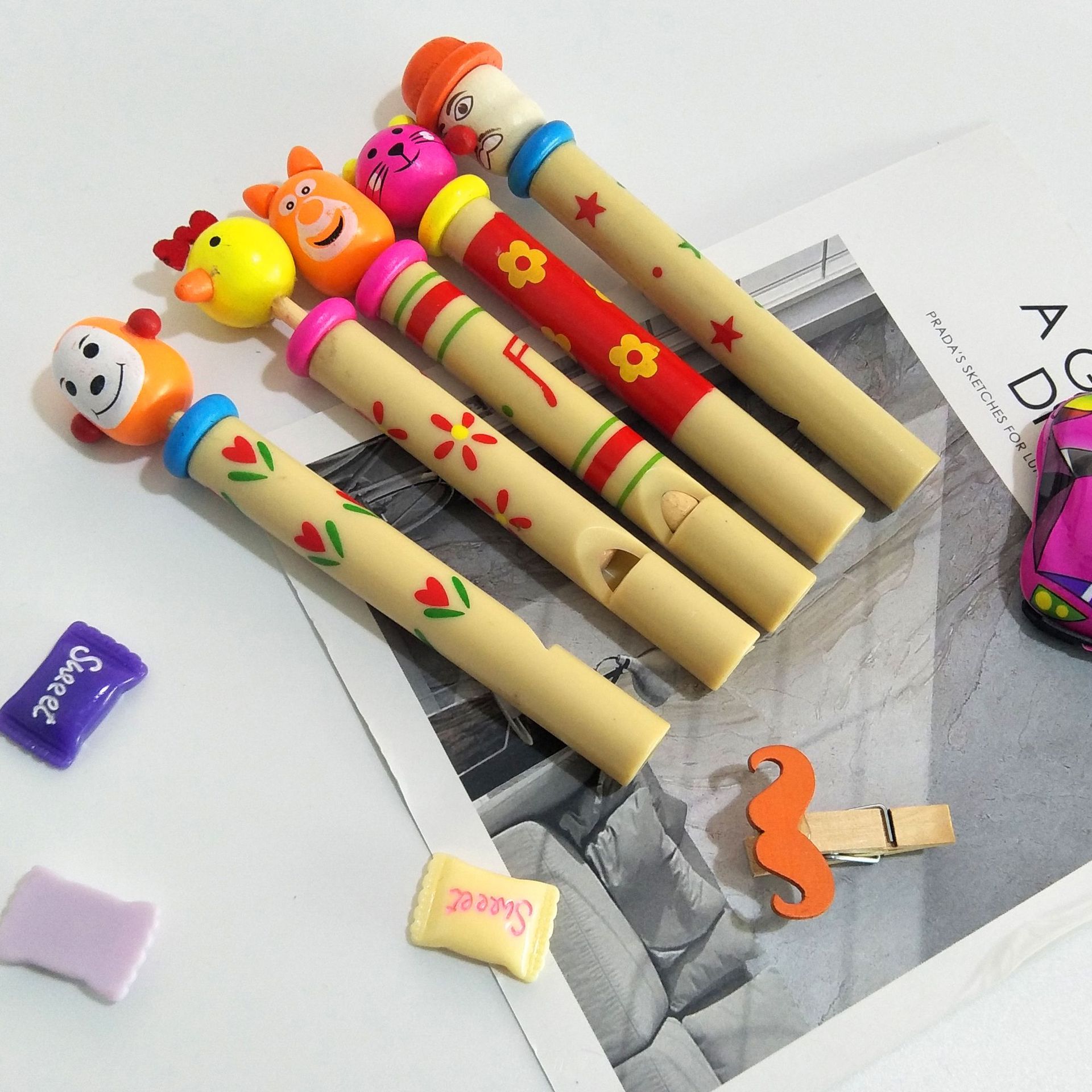 卡通动物小口哨 宝宝木质音乐玩具 推拉口哨木制玩具动物拉哨