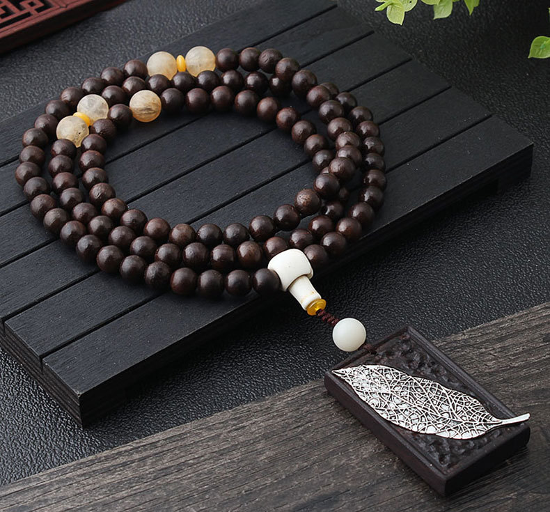 民族风毛衣链批发复古挂件简约大气黑檀木树叶吊坠佛珠项链女长款