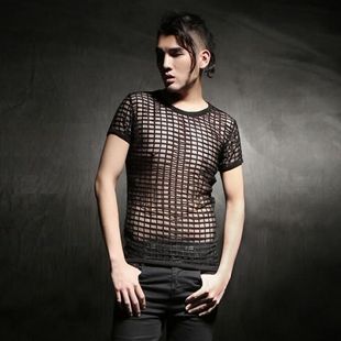朋克男装网格t恤男短袖性感个性透视镂空男士短袖t恤修身网状衣服