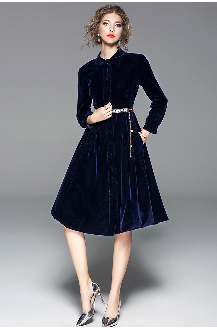 2018秋季新款欧洲站大牌女装大摆裙长袖翻领单排扣金丝绒连衣裙