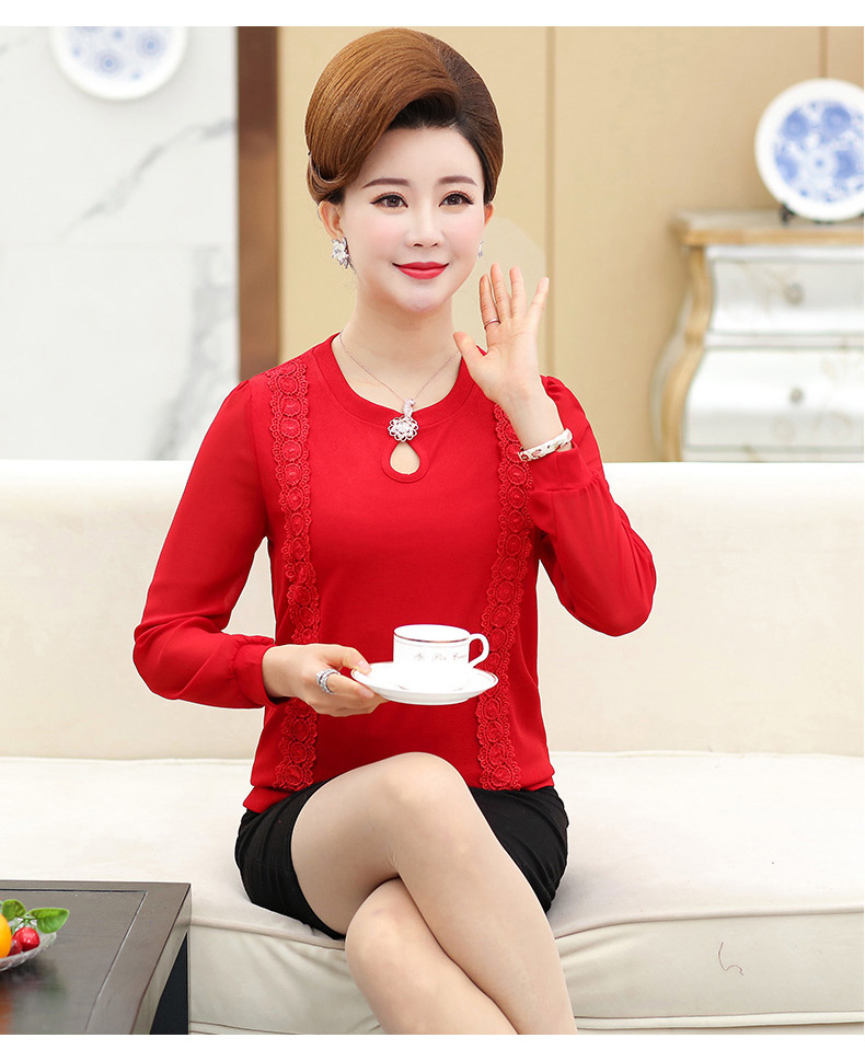中老年女装纯色蕾丝长袖打底衫休闲大码18春季t恤时尚宽松妈妈装