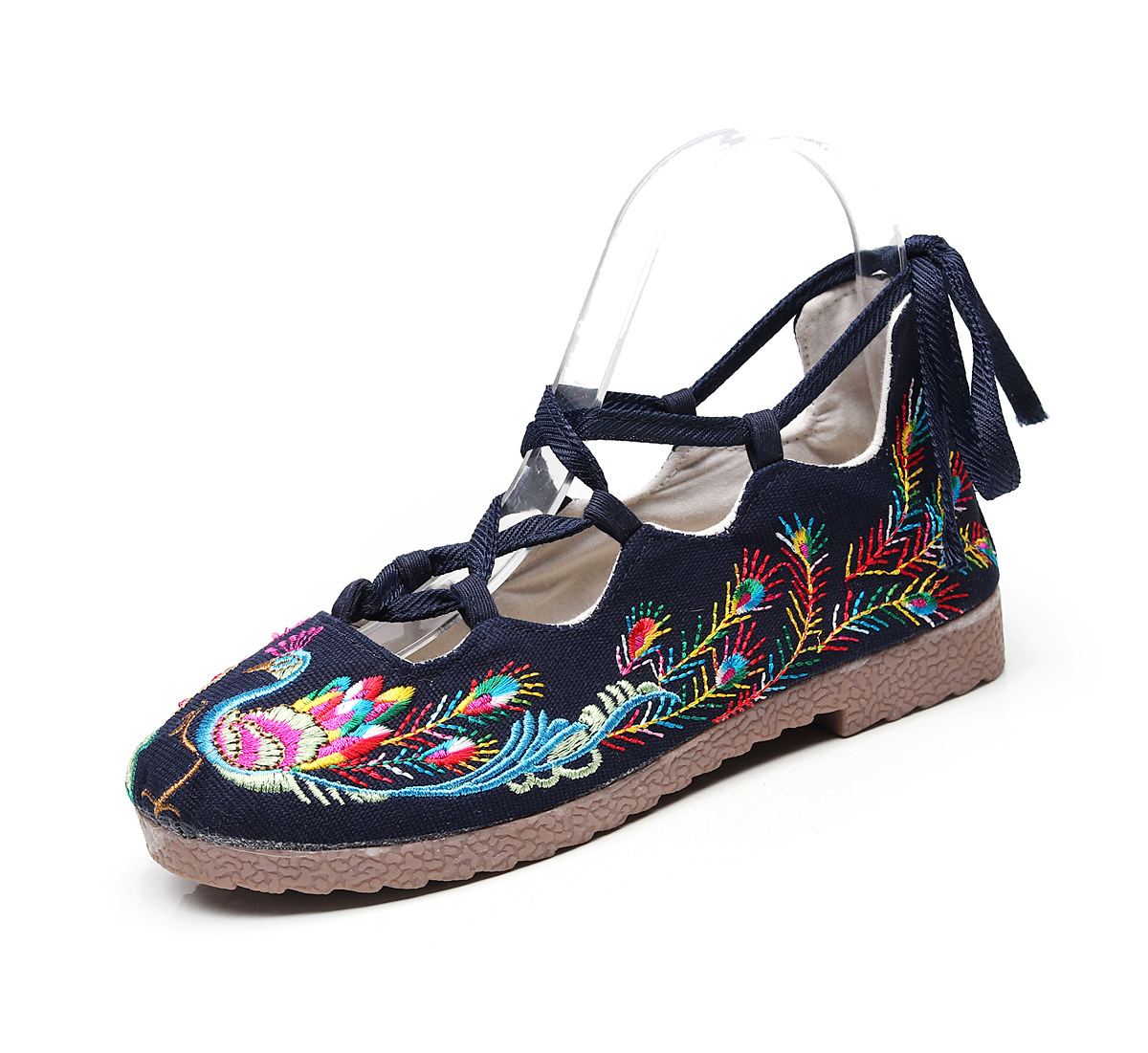 民族风新款系带绑腿鞋休闲孔雀绣花鞋(货号 hs617)