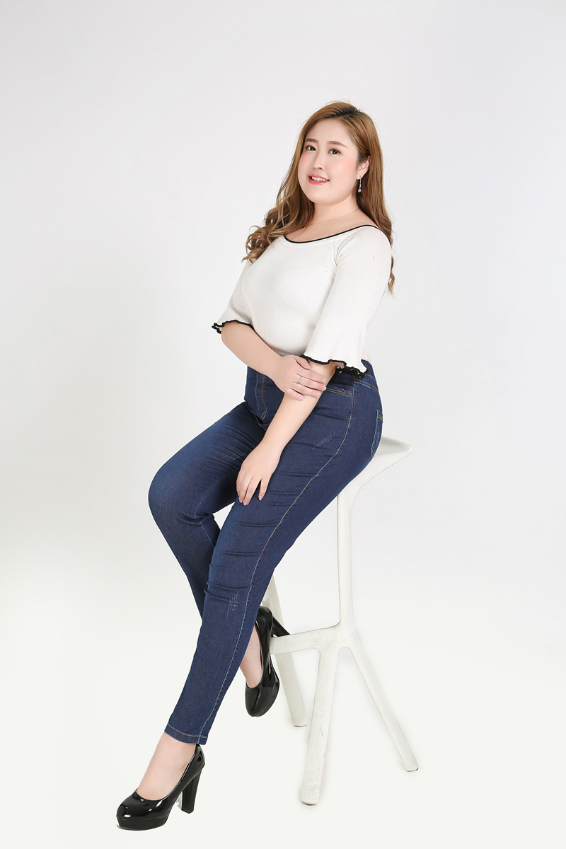 加肥加大码女装牛仔裤女胖mm300斤高腰弹力大码女装牛仔裤小脚裤