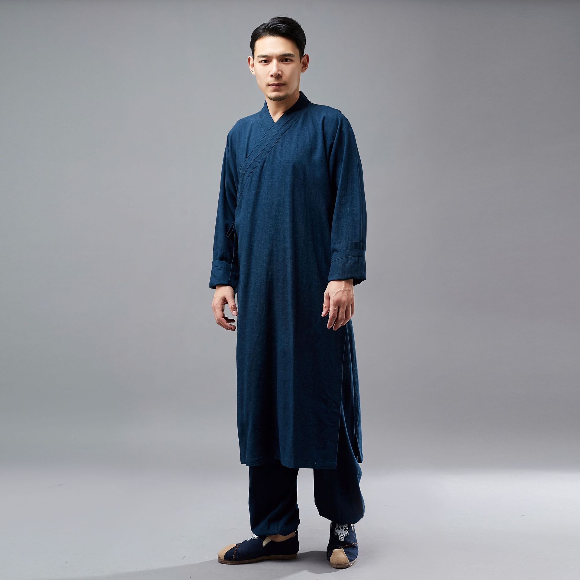 2022秋季休闲长衫男民国唐装 中国风斜襟长衫 亚麻棉布衣国风长袍