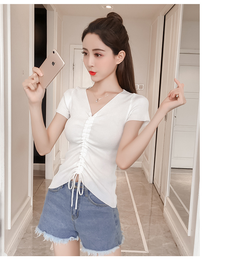 夏季新款韩范v领抽绳露脐性感短款上衣女收腰设计感修身短袖t恤