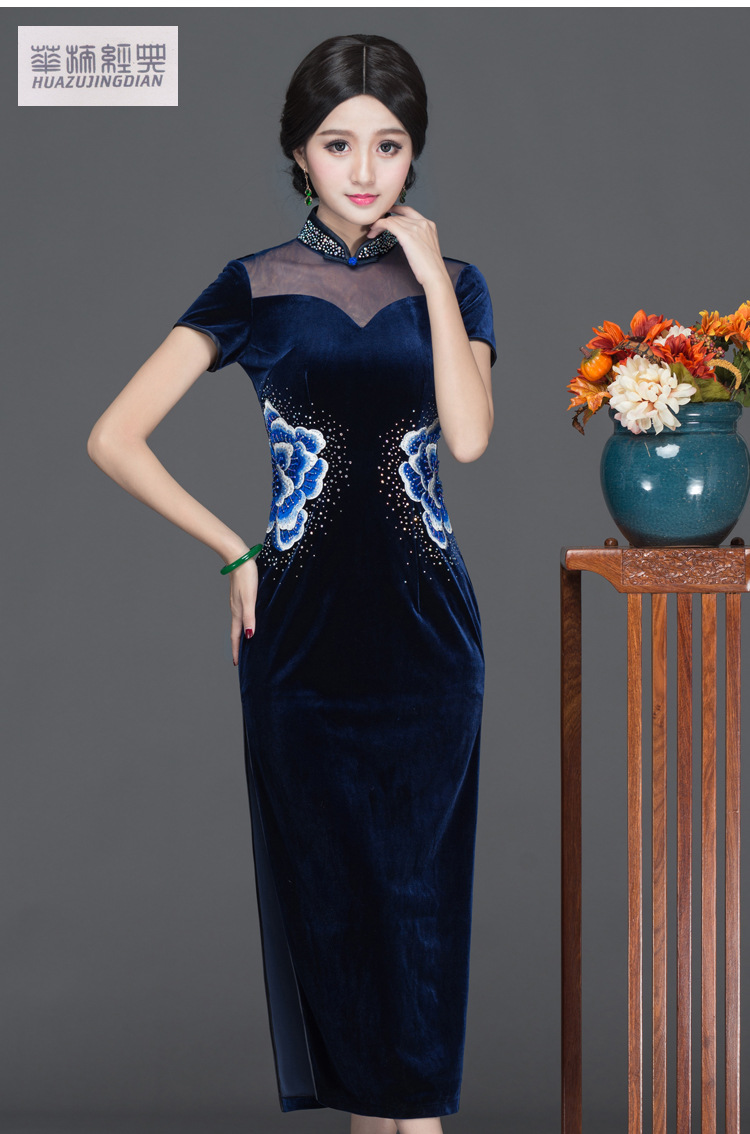 高档礼服刺绣金丝绒旗袍裙货号tj16120