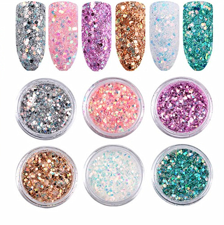 美甲镭射闪粉 1mm亮片 细闪粉 七彩金葱粉 闪粉单瓶装 6色套装