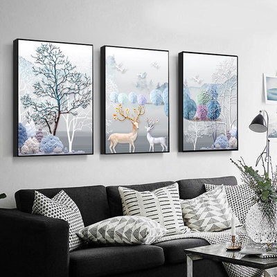北欧风格客厅现代简约装饰画壁画沙发后背景墙麋鹿挂画卧室三联画