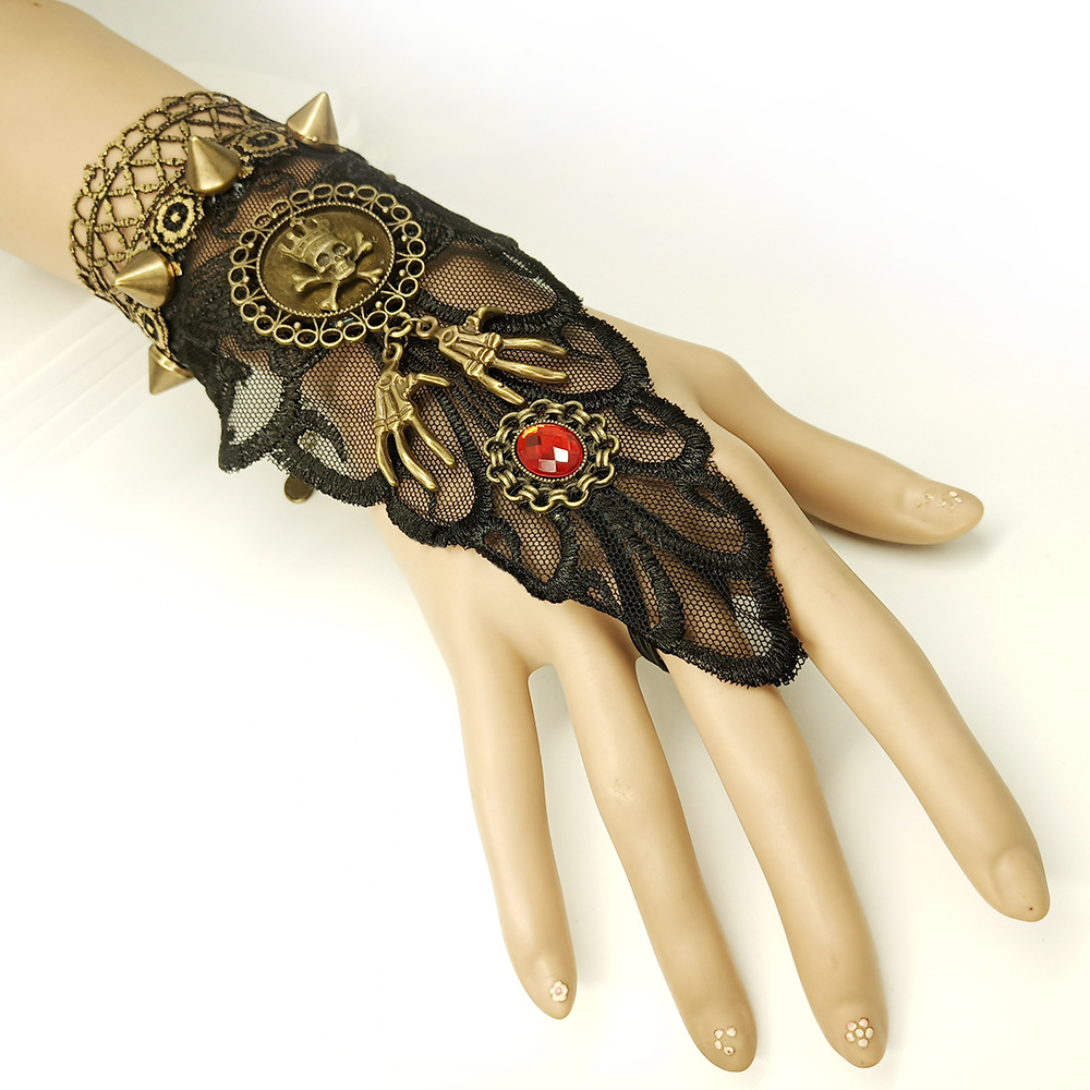 欧美万圣节复古手链蜘蛛网黑蕾丝女手套戒指骷髅头鬼爪配饰品s366