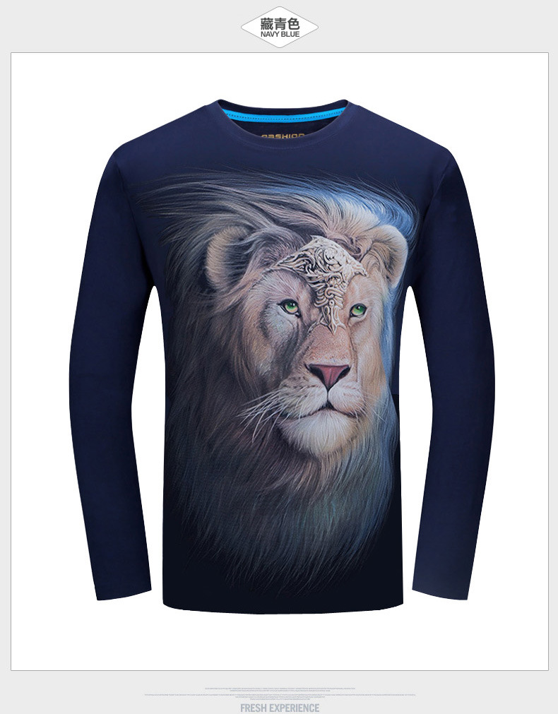 加肥加大码狮子3d动物印花个性猛兽休闲春秋学生长袖圆领t恤男装