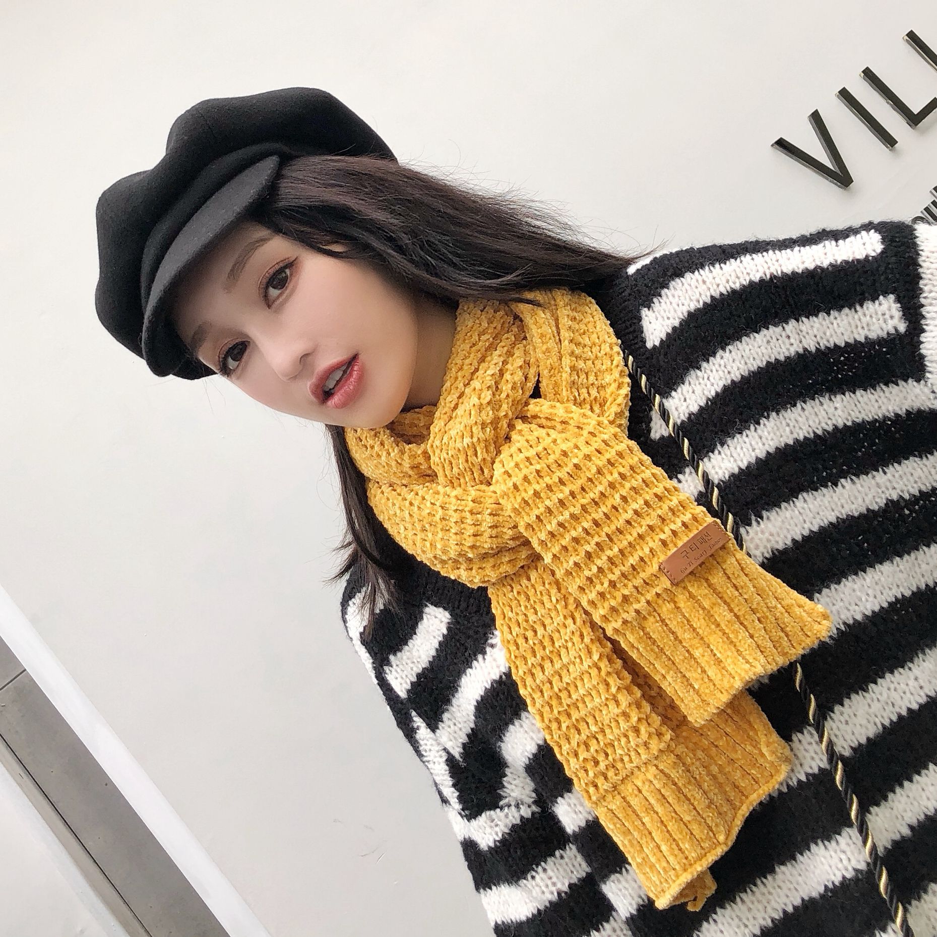 特价清仓季新款保暖加厚雪尼尔纯色针织围巾女韩版可爱学生围巾女