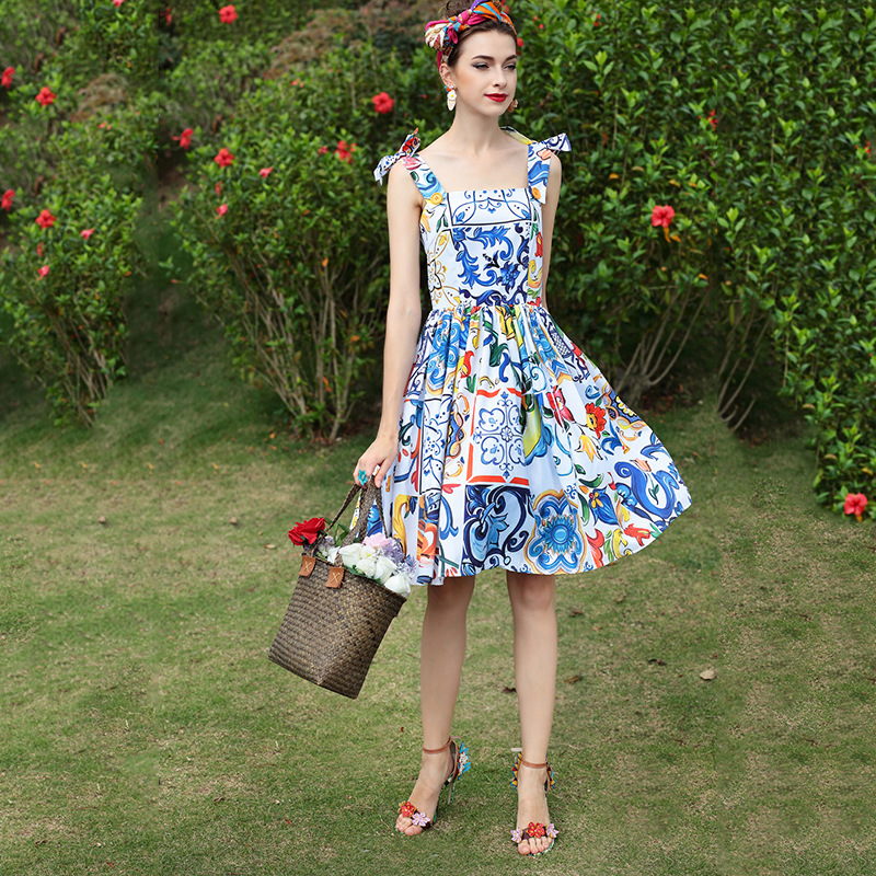 欧美走秀春夏新款女装印花大摆气质收腰潮流吊带连衣裙潮-阿里巴巴
